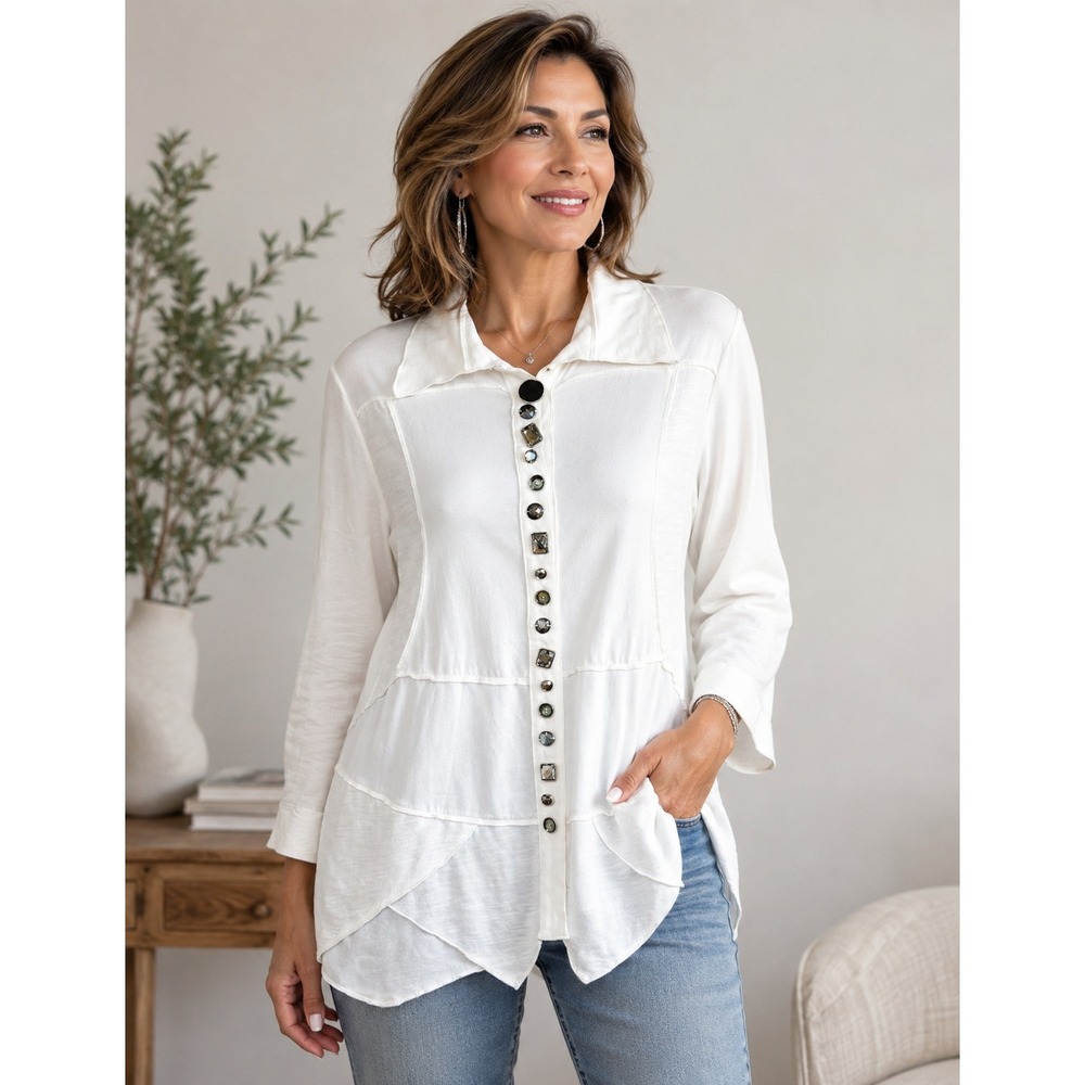 Neon Buddha White Embellished Tunic Top Art To Wear Boho Lagenlook Small NWOT